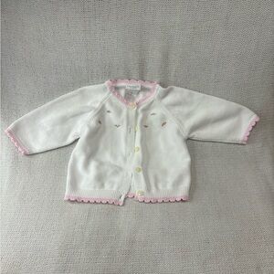 Vintage Carters White Cardigan, Pink Scallop Trim & Embroidered Roses
